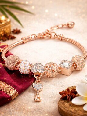 Elegant Rose Gold Pandora Style Charm Bracelet - Sparkly Heart & Key Accents